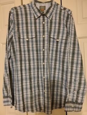 XL Men's Long-Sleeve Plaid Button-Up Shirt - White & Green : Retirement Sale!!